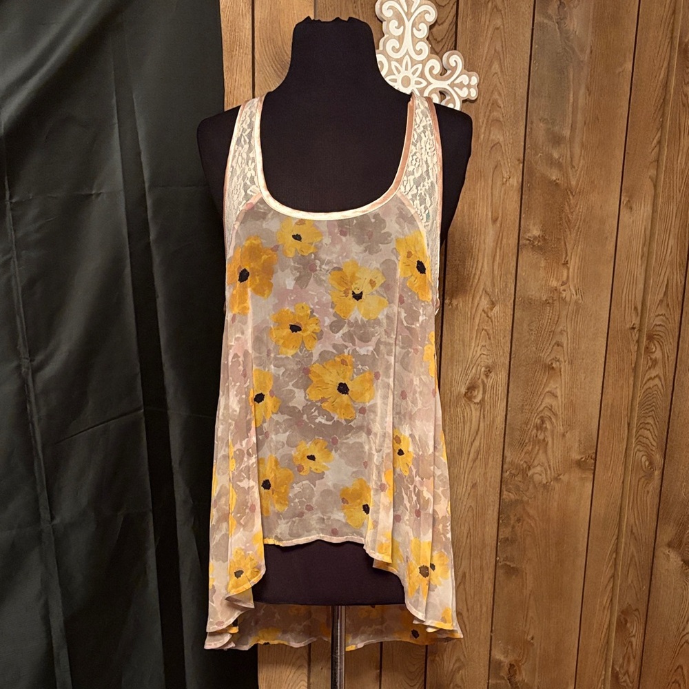 Free People Yellow Floral Lace Tank Top